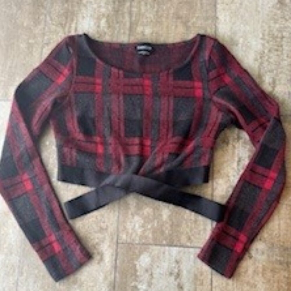 Bebe Red and Grey Plaid Crop Top Sweater